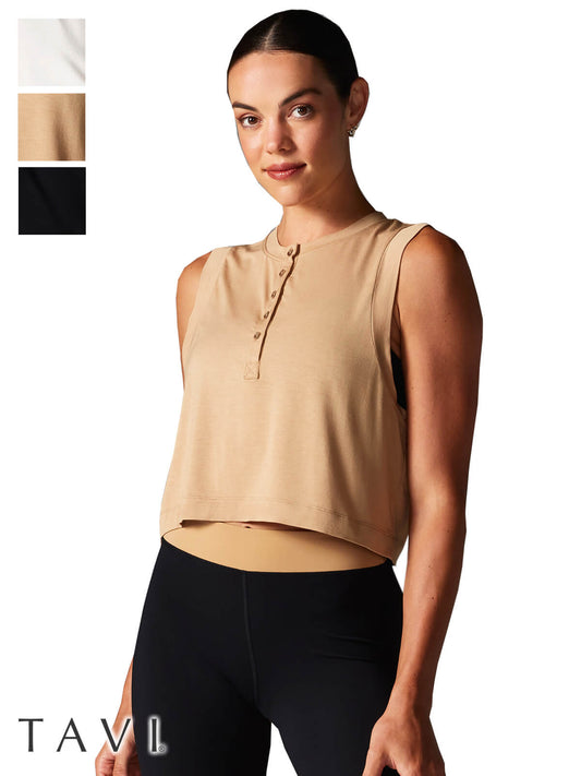 [SALE][TAVI] ヘンリーマッスルタンク Henley Muscle Tank／ ヨガ トップス ピラティス クロップド丈 通気性 [EX]