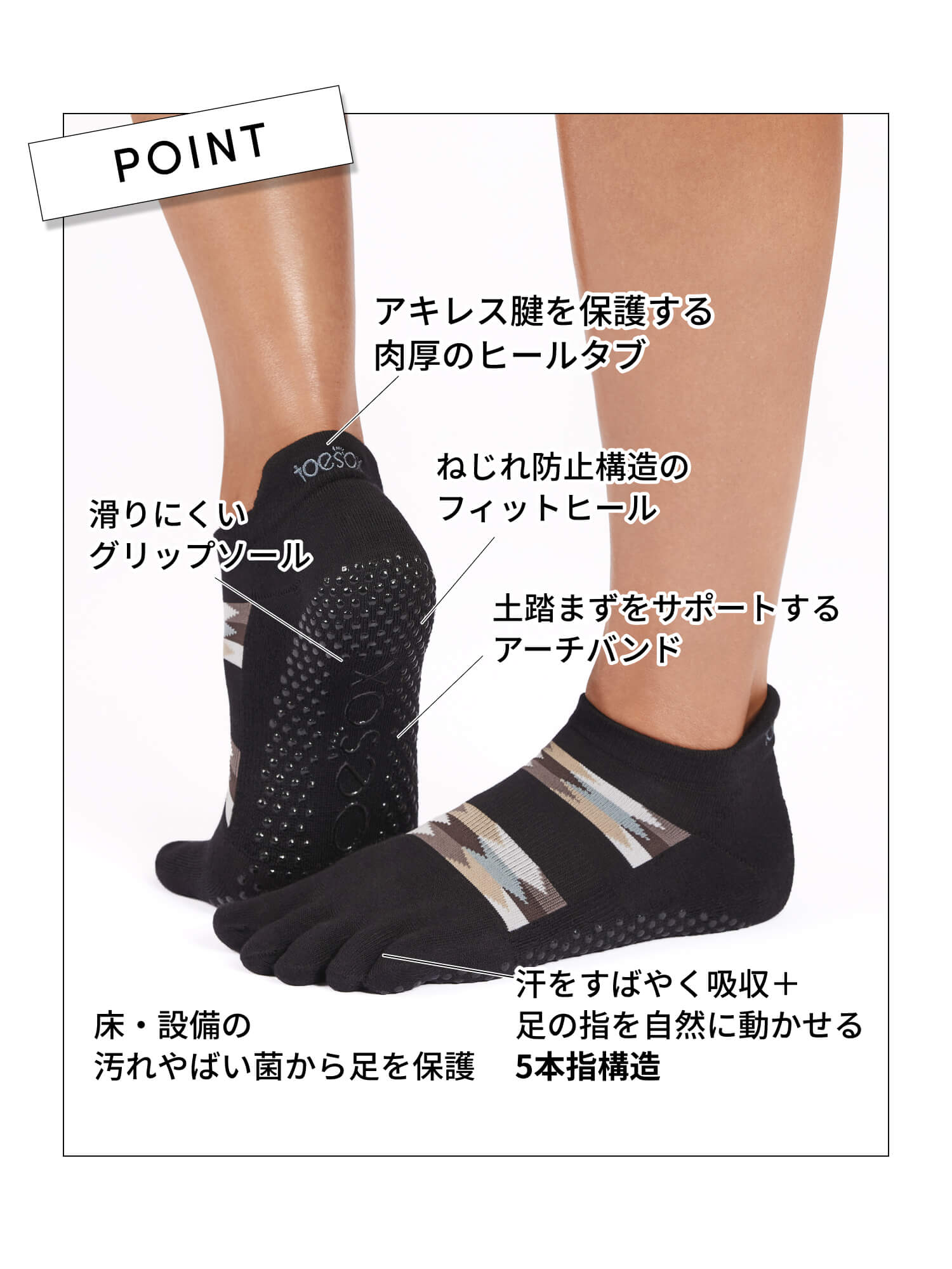 ToeSox] グリップ ソックス 5本指 ローライズ ウルトラファインニット